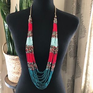 Long Gold Tone Seed Bead Necklace Red Aqua Fashion